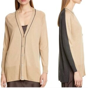 ATM Anthony Thomas Melillo Cardigan Womens Colorblock Silk Blend Medium Latte